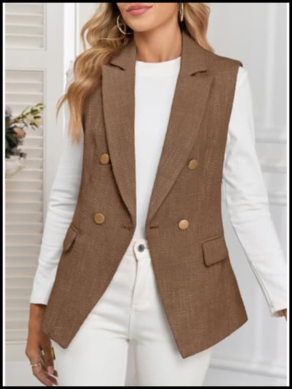Sleeveless Tweed Blazer Vest Double Breasted Work Suit with Pockets - Picture 2 of 6